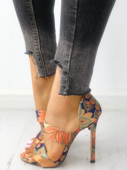 Peacock Feather Print Double Band Stiletto Heels