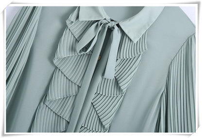 lovwvol lovwvol Snican pleated sleeve cascading ruffle bow tie office ladies blouse chic fashion female tops women camisas femininas Chiffon New