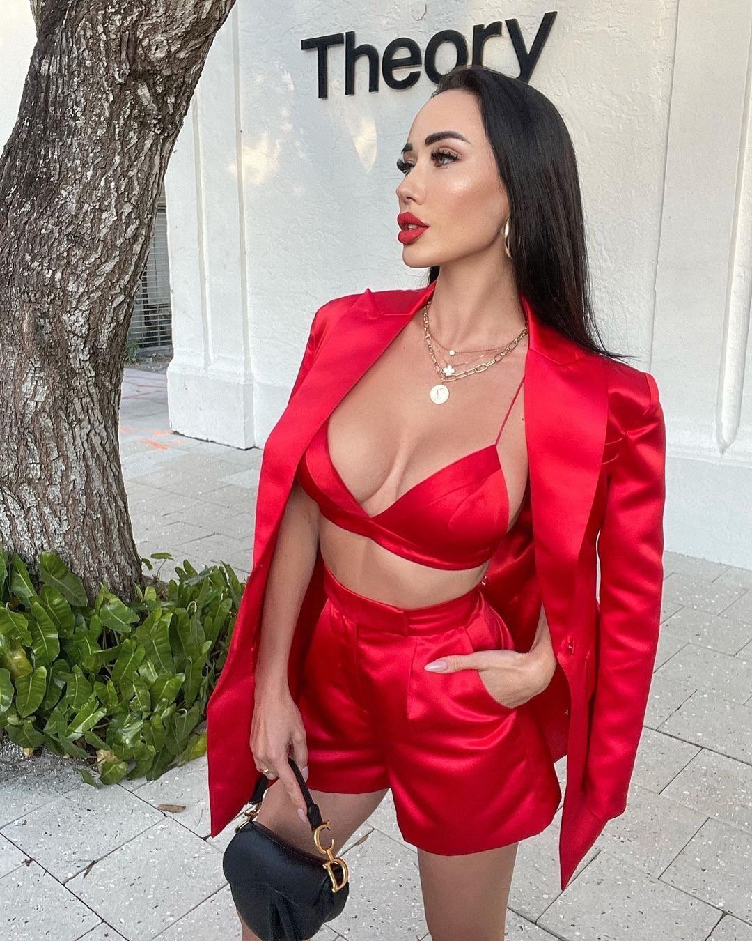 High Quality Red Satin Three Pieces Bandage Suit Sexy Long Sleeves Celebrity Fashion Party Club Blazer Coat Crop Tops Short Set