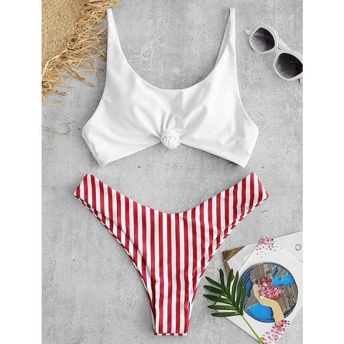 Sexy micro Bikini Women Swimsuit Scoop Neck Striped Swimwear Knot Bow fringe Summer Beachwear Bathing Suit Push Up Biquini