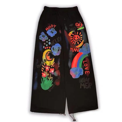 Black Gothic Graffiti Summer Pants Harajuku Punk Pants Japan Loose Autumn Trousers Fashion Funny Straight Hip Hop Pants Women