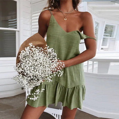 Sexy Spaghetti Strap Ruffle Dress Women Summer Dress  Cotton Linen Vestidos Green Dresses Off Shoulder Sexy Mini Sundress