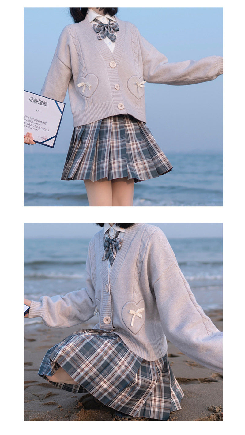 Spring Japan Kawaii Fashion Pink Cardigan Women Vintage Crop Knitted Sweater Cute Bow Heart Korean JK School Coat