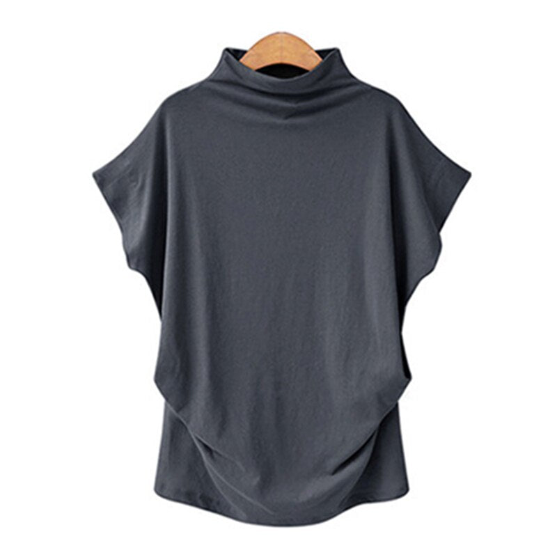 Women Casual Turtleneck Short Batwing Sleeve Blouse Female Cotton Solid Plus Size Tops Ladies Shirt Clothing