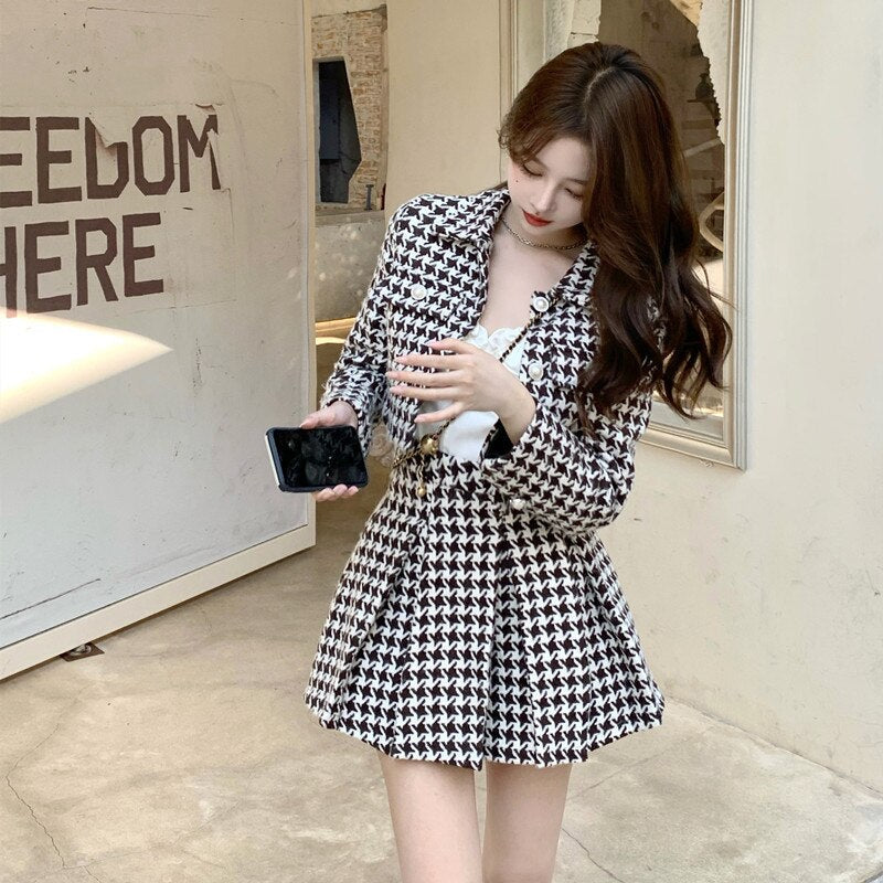 Women New Spring 2 Piece Matching Suits Long Sleeve Plaid Short Jacket&High Waist Pleated Mini Skirt Vintage 2pc Dress Sets