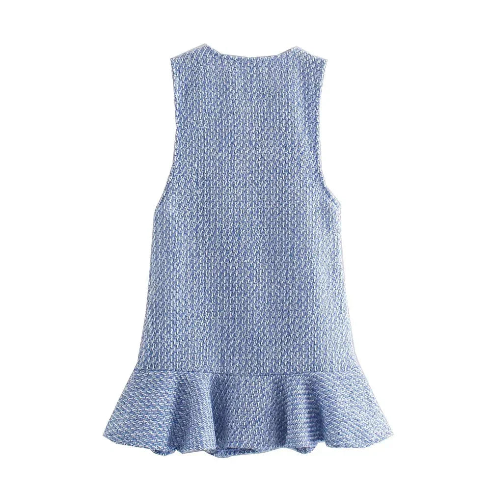 lovwvol Women Tweed Blue Plaid Vintage Casual Sweet Dress Female Fashion Office Lady Slim V Neck Sleeveless Mini Dresses