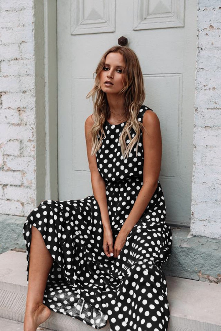 Summer Sexy O Neck Sleeveless Boho Polka Dot Print Maxi Dress Casual Empire Robe Ladies Party Long Dress Vestidos