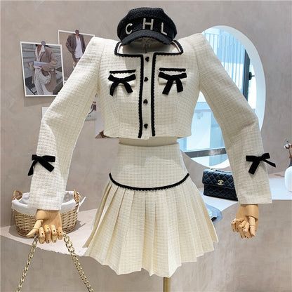 Small Fragrance Tweed 2 Piece Set Women Bow Short Jacket Coat + Skirt Suits Korean Sweet Outfits French Vintage Two Piece Sets