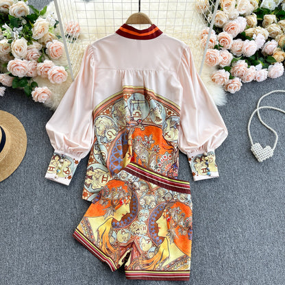 Women's Suit Spring Summer Fashion Suit Vintage Printed Two Piece Set Loose Blouse Tops High Waist Pocket Leg Shorts Female Sets