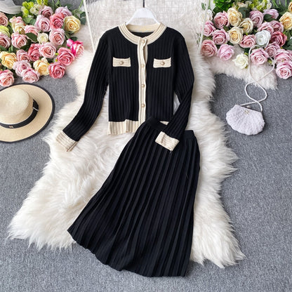 lovwvol High Quality  Spring Fall Knit 2 Piece Set Women Office Lady Single Breasted Sweater Cardigan + Pleated Long Skirt Suit Sets