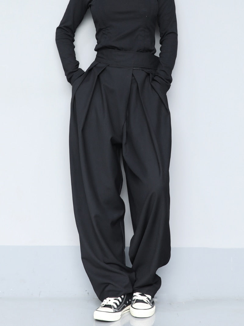 High Waist Black Brief Pleated Long Wide Leg Trousers New Loose Fit Pants Women Fashion Tide Spring Autumn 1S399