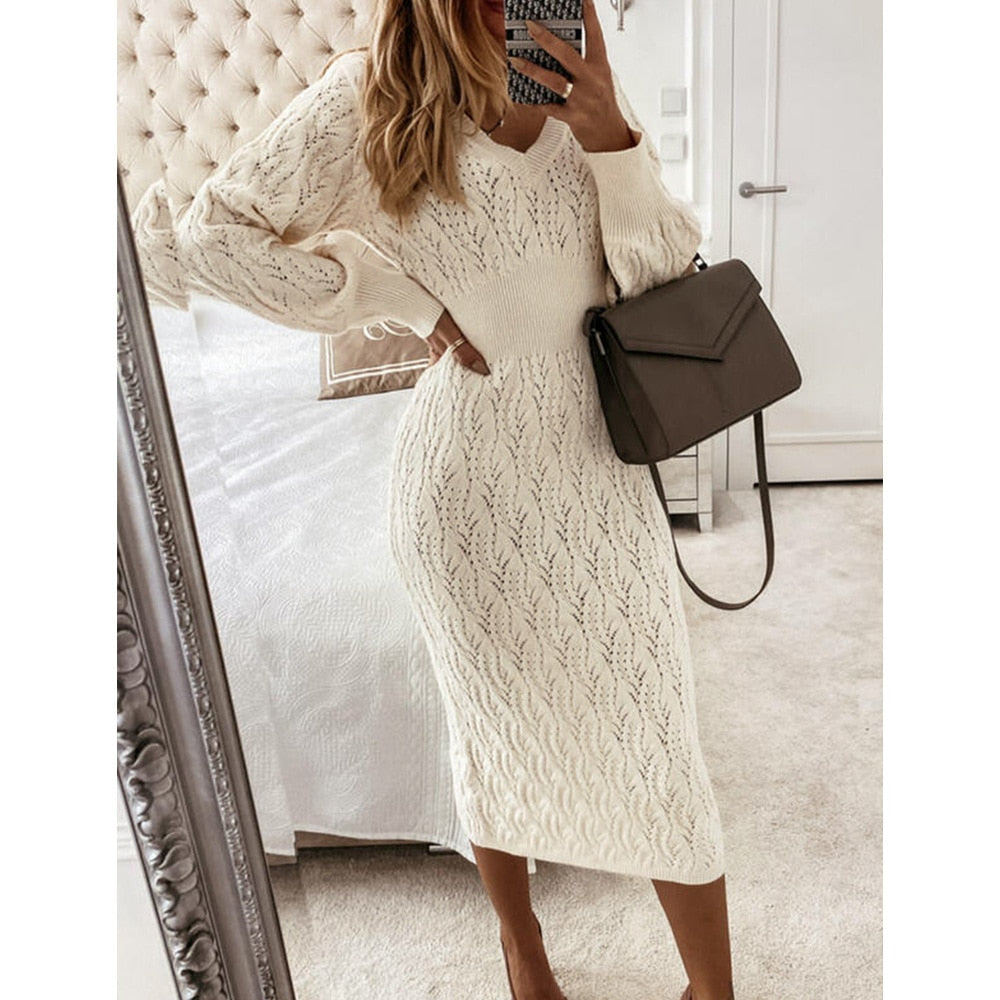 Autumn Fashion Elegant Knitted Sweater Dress Women's Long Sleeve Warm Mini Tight Dress Casual White Ladies Dress New