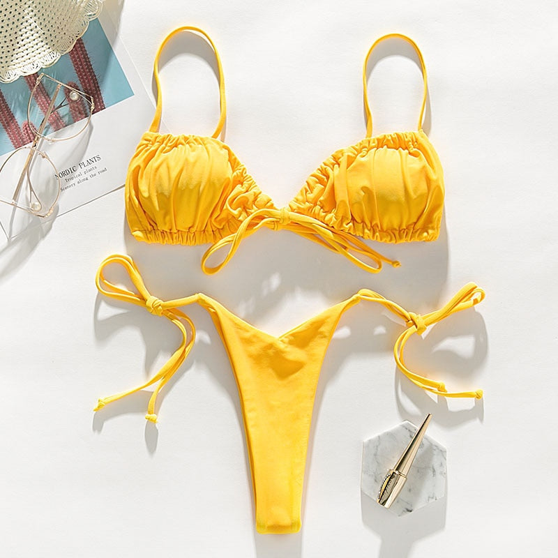 In-X Brazilian micro bikinis mujer Sexy string swimsuit female pleated bikini set Yellow swimwear women Mini bathing suit