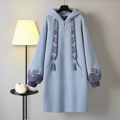 Chinese Style Hooded Stitching Vestido Cheongsam Embroidery Sweatshirt Dress Spring Autumn Women Buckle Thick Harajuku Dresses