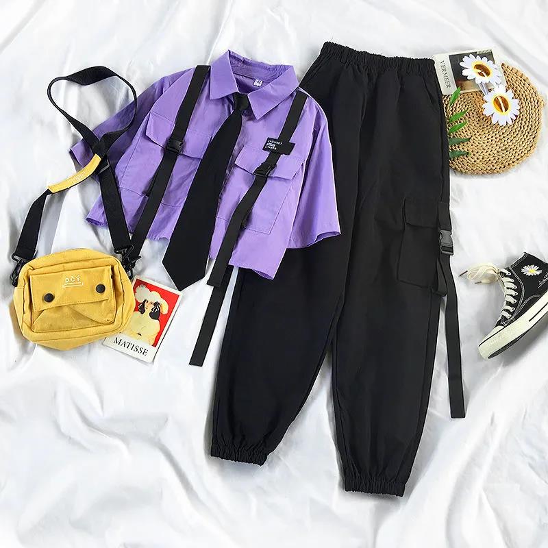 lovwvol 2023 Spring Streetwear Pants High-Waist Straight Ribbon Cargo Pants Student Loose Short-Sleeved Shirt with Tie two-piece Set