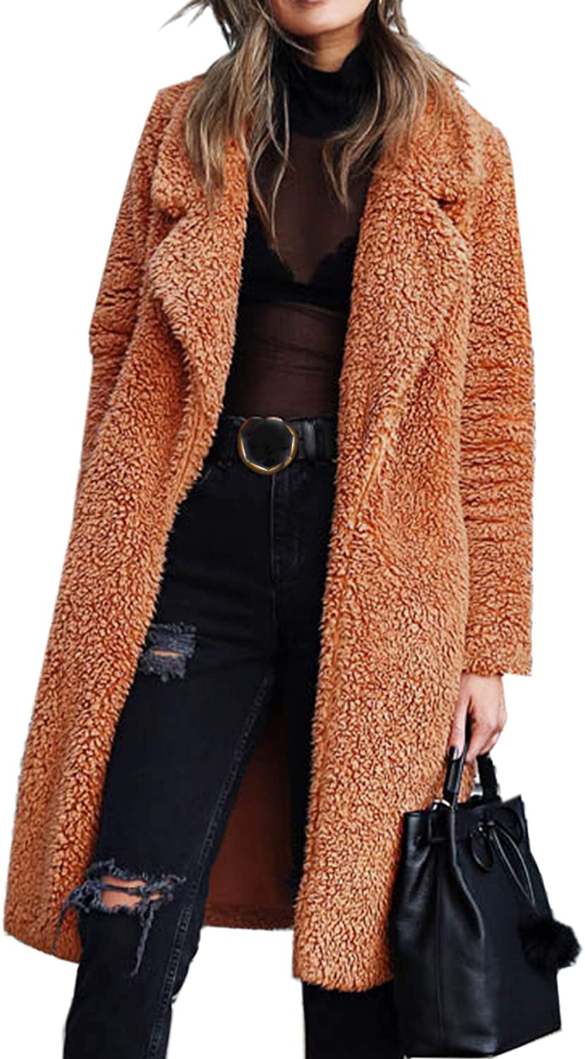 lovwvol Women's Fuzzy Fleece Lapel Open Front Long Cardigan Coat Faux Fur Warm Winter Outwear Jackets Jacket Women  Plus Size Fur Coat