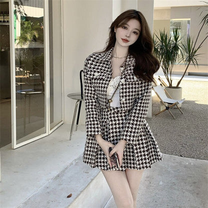 Women New Spring 2 Piece Matching Suits Long Sleeve Plaid Short Jacket&High Waist Pleated Mini Skirt Vintage 2pc Dress Sets