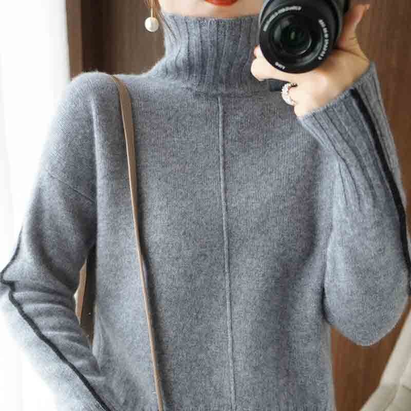 lovwvol lovwvol Autumn and winter new high-neck woolen sweater women Korean version of the vertical stripe loose inner pure wool knitted sweater