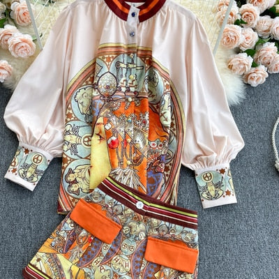 Women's Suit Spring Summer Fashion Suit Vintage Printed Two Piece Set Loose Blouse Tops High Waist Pocket Leg Shorts Female Sets