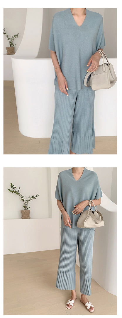 lovwvol Summer Korean Fashion Casual Knitted Two Piece Set Women Loose Pullover Sweater Tops + Wide Leg Pants Suits Knitwear 2 Piece Set