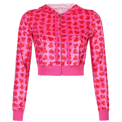 HEYounGIRL Velvet Heart Print Cropped Top Bomber Jacket Women Autumn Cute Pink Long Sleeve Coats Zipper Winter 90s Overcoat