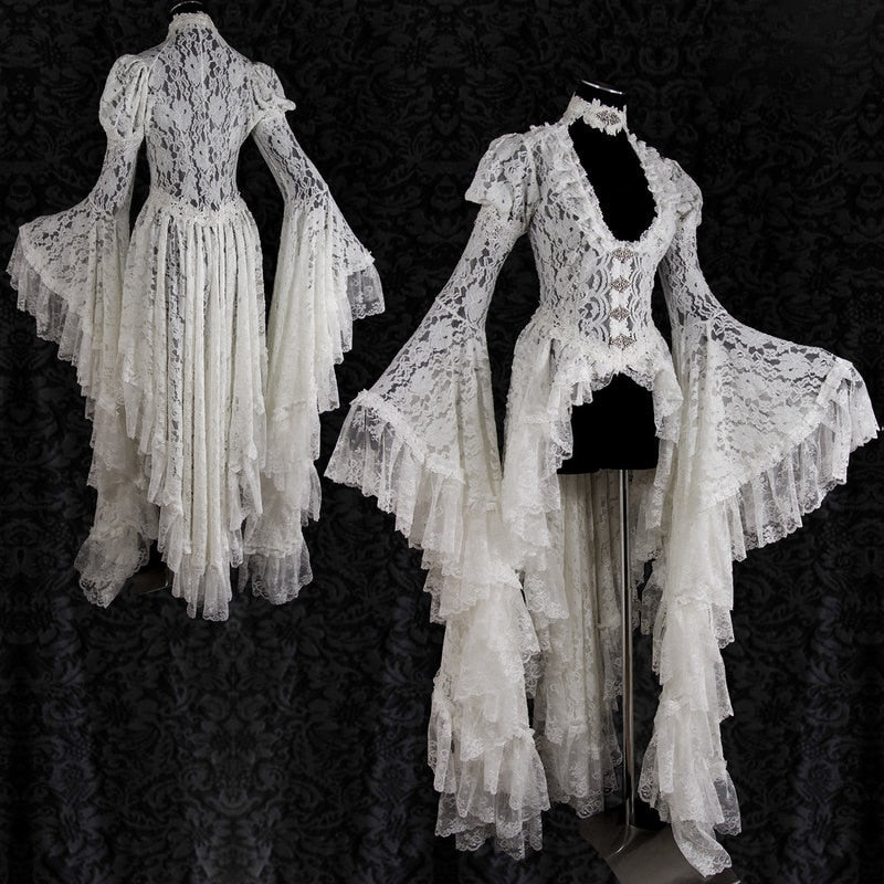 Women White Vintage Solid Lace Flare Sleeve Medieval Cardigan Cosplay Elegant Long Tail Pleated Outwear Victorian Ball Gown