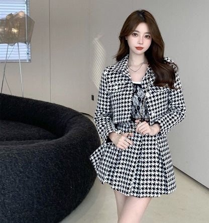 Women New Spring 2 Piece Matching Suits Long Sleeve Plaid Short Jacket&High Waist Pleated Mini Skirt Vintage 2pc Dress Sets