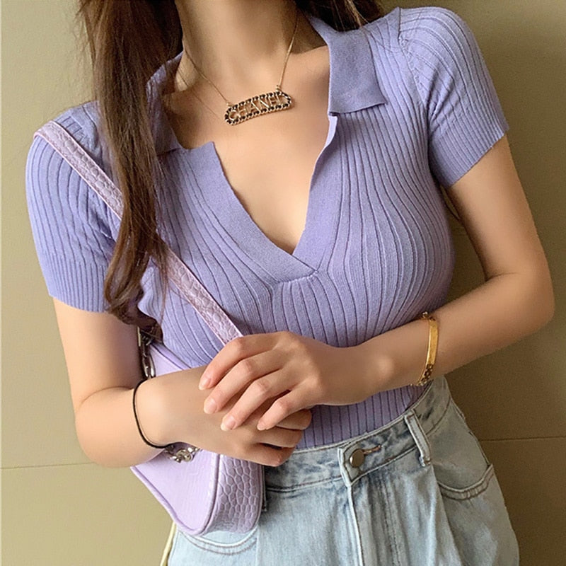 Crop Top Female Polo Shirts Summer Short Sleeve T-shirt Women's Vintage Clothes Ribbed Solid Slim Knit Top Cropped Tees