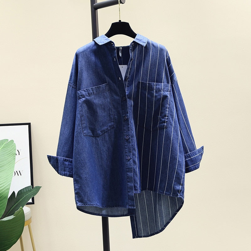 Dark Blue Denim Shirt Women's Autumn New Irregular Double Pocket Casual Striped Patchwork Top