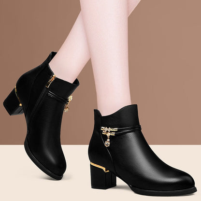 Women Genuine Sheepskin Leather Ankle Boots Casual Autumn Winter Thick High Heels New Chelsea Booties Shoes Korean Fashion M0124