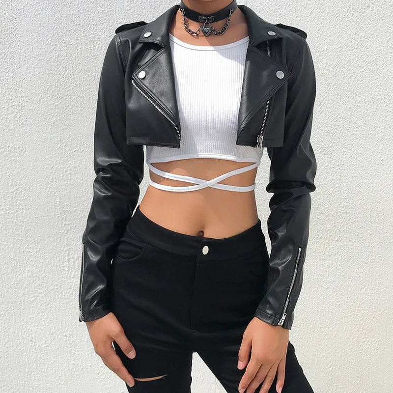 lovwvol Street Motorcycle Faux Leather Jacket Women Zipper Cropped Jacket Coat Outerwear Autumn Basic Jackets Ladies Cardigan