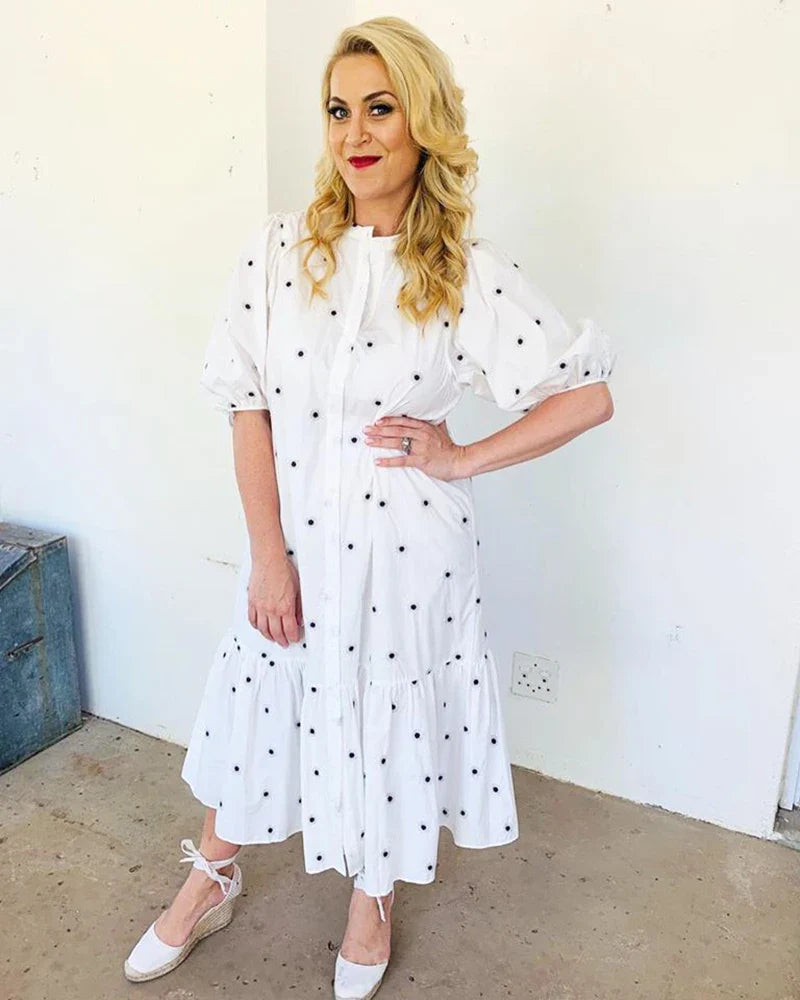 lovwvol puff sleeve midi women dresses vintage polka dot dress white cotton floral embroidery summer dress casual party vestidos