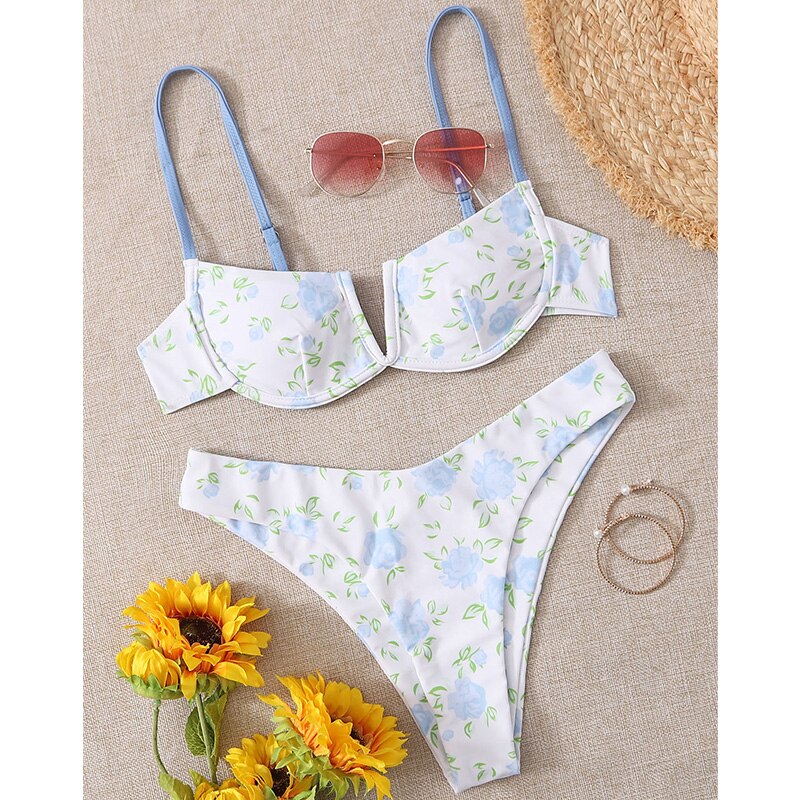 Sexy Female Swimsuit Two Piece Set Swimwear Dot Printed Push Up Bandage Bikini Set Women Underwire Beach Wear V-neck Biquini