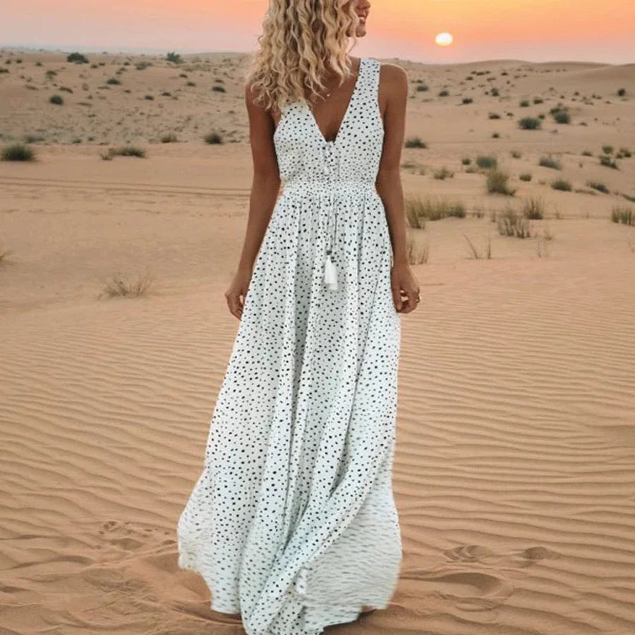 lovwvol sexy sleeveless deep v neck maxi women dresses summer vintage cotton rayon white polka dot dress boho beach vestidos