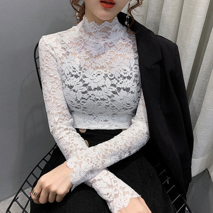 Autumn Women Thin Black Lace T shirt Sexy Turtleneck Long Sleeve Slim Lace Crochet Patchwork Tee Tops WDC6074