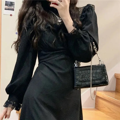 lovwvol French Lace Vintage Dress Women Fashion Puffer Sleeve Elegant One Piece Dress Korean 2022 Spring High Street Slim Midi Dress Y2k