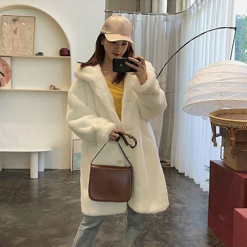 Winter Fashion Hooded Faux Fur Long Coat Solid Cute Warm Fluffy Jacket Casual Loose Oversize Coat Female Thick Outwears