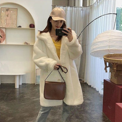 Winter Fashion Hooded Faux Fur Long Coat Solid Cute Warm Fluffy Jacket Casual Loose Oversize Coat Female Thick Outwears