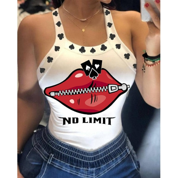 Tank Tops Women U Neck Letter Print Lips Vest Summer Ladies Harajuku Shirts Slim Fit Polyester Sleeveless Top Tshirts