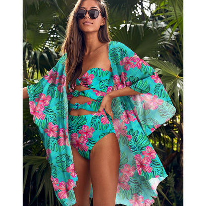 Leaves Print Bikini Beach Cover up Tunics for Beach Long Kaftan Bikini Cover up Robe de Plage Sarong Beach Swimsuit cover-ups