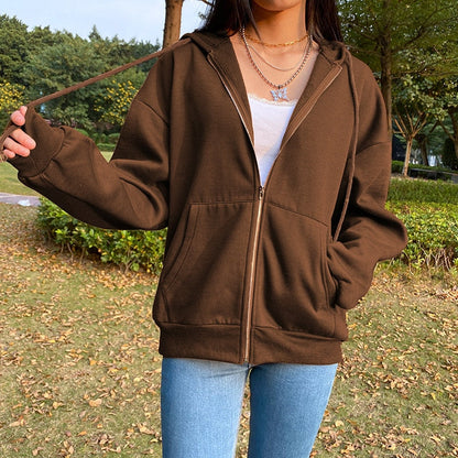 BiggOrange Brown Zip Hooded Sweatshirt Winter Jacket Top Oversized Hoodie Retro Pocket Woman Clothes Long Sleeve Pullover