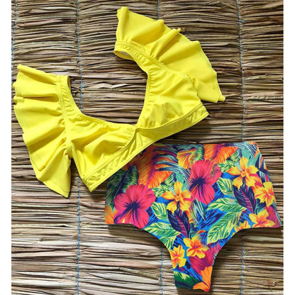 New Bikini Floral Ruffled Bikini Set Women V-neck High Waist Two Piece Swimsuit Girl Beach Bathing Suit Swimwear Biquinis