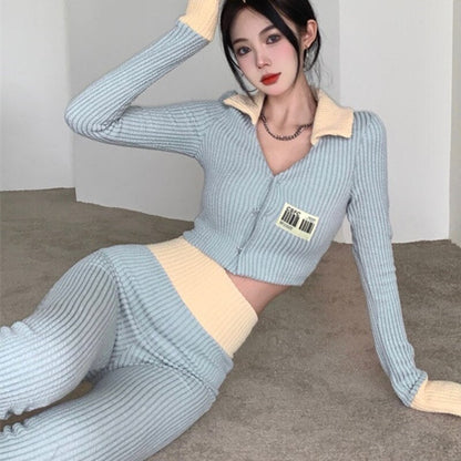 Korean Fashion Simple Casual Two Piece Tracksuit Women Crop Top + Pants Suits Autumn Winter 2 Piece Pants Sets Trousers Suits