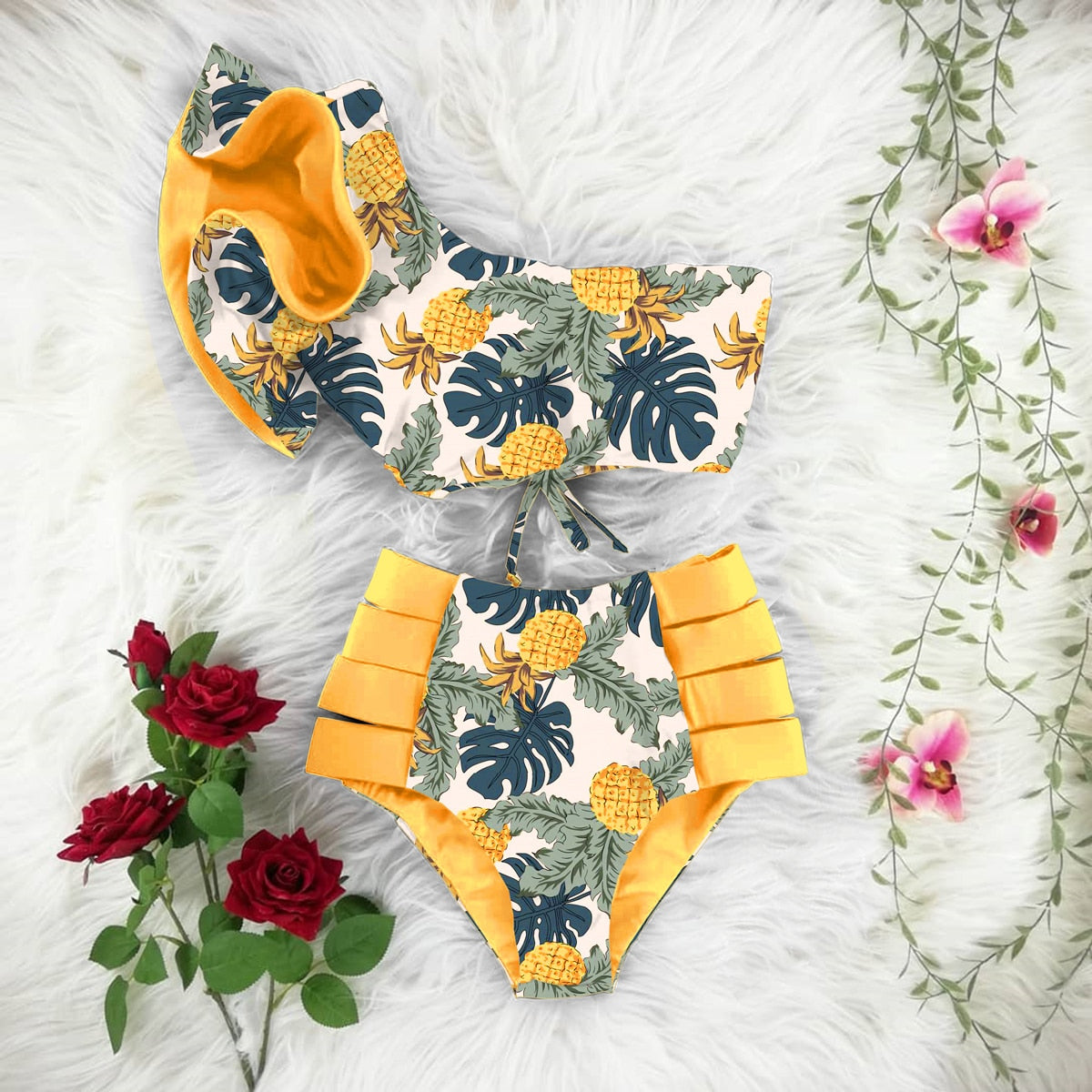 New Bikini Floral Ruffled Bikini Set Women V-neck High Waist Two Piece Swimsuit Girl Beach Bathing Suit Swimwear Biquinis