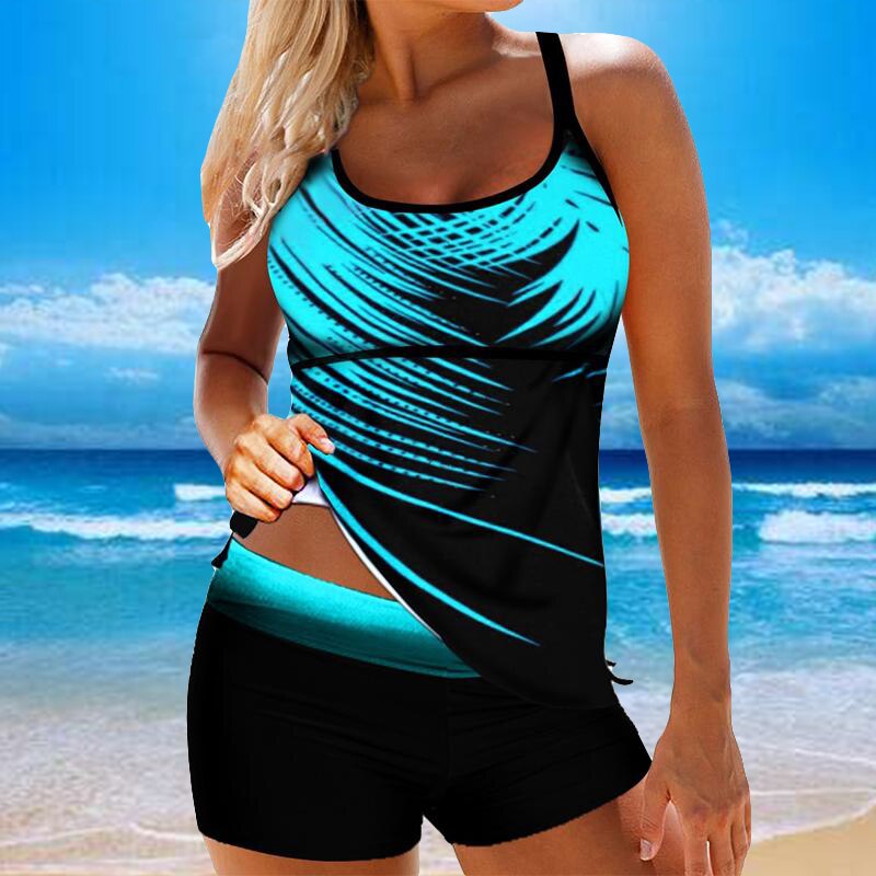 Women Blue Printed Swimsuit Set Sexy Strap Cross Back Swimwear Summer Female Beach Bathing Suit Two Pieces Plus Size