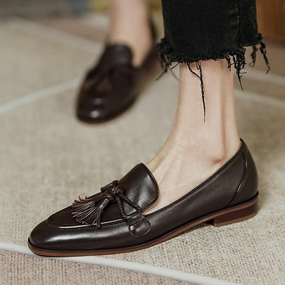 lovwvol Retro Tassel bow-knot small leather shoes women  loafers square toe low heels oxfords woman ins genuine leather fringe flats