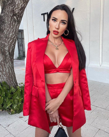 High Quality Red Satin Three Pieces Bandage Suit Sexy Long Sleeves Celebrity Fashion Party Club Blazer Coat Crop Tops Short Set