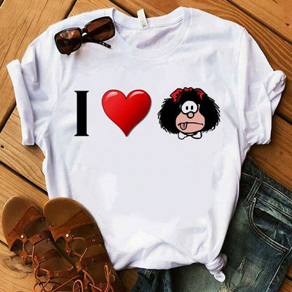 Mafalda T-shirt Women Summer Harajuku Casual Short Sleeve T-shirts Streetwear O-Neck White Tops Tee 90s Cartoon Tshirt Femme Top