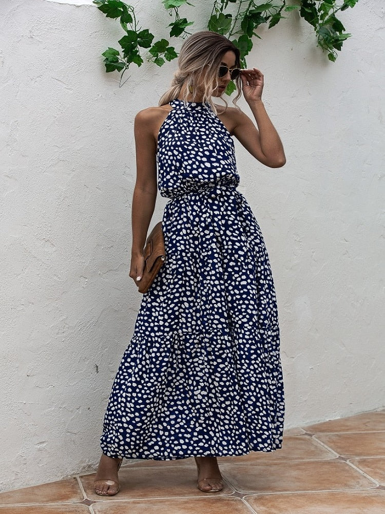 Summer Elegant  beach Women Dress  long Print Flowers Polka-dot strap Ladies Halter boho Dress Vintage party ladies Dress