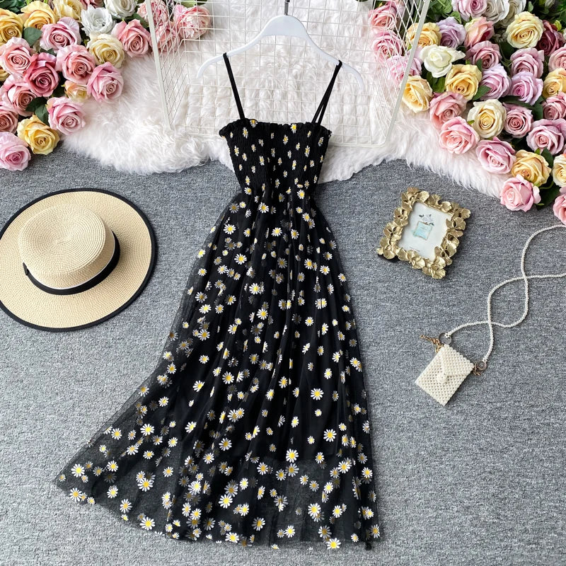 lovwvol   Summer Beach Mesh Floral Dress Women Vintage Elegant Sexy Beach Sundress Woman Party Night Korean Kawaii Vestidos